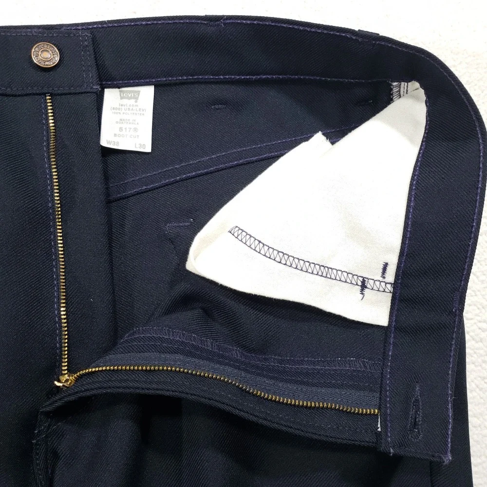 Vintage 70's Levi's 517 Boot Cut Pants Men W38 L30 Navy Blue Polyester Sta-Prest